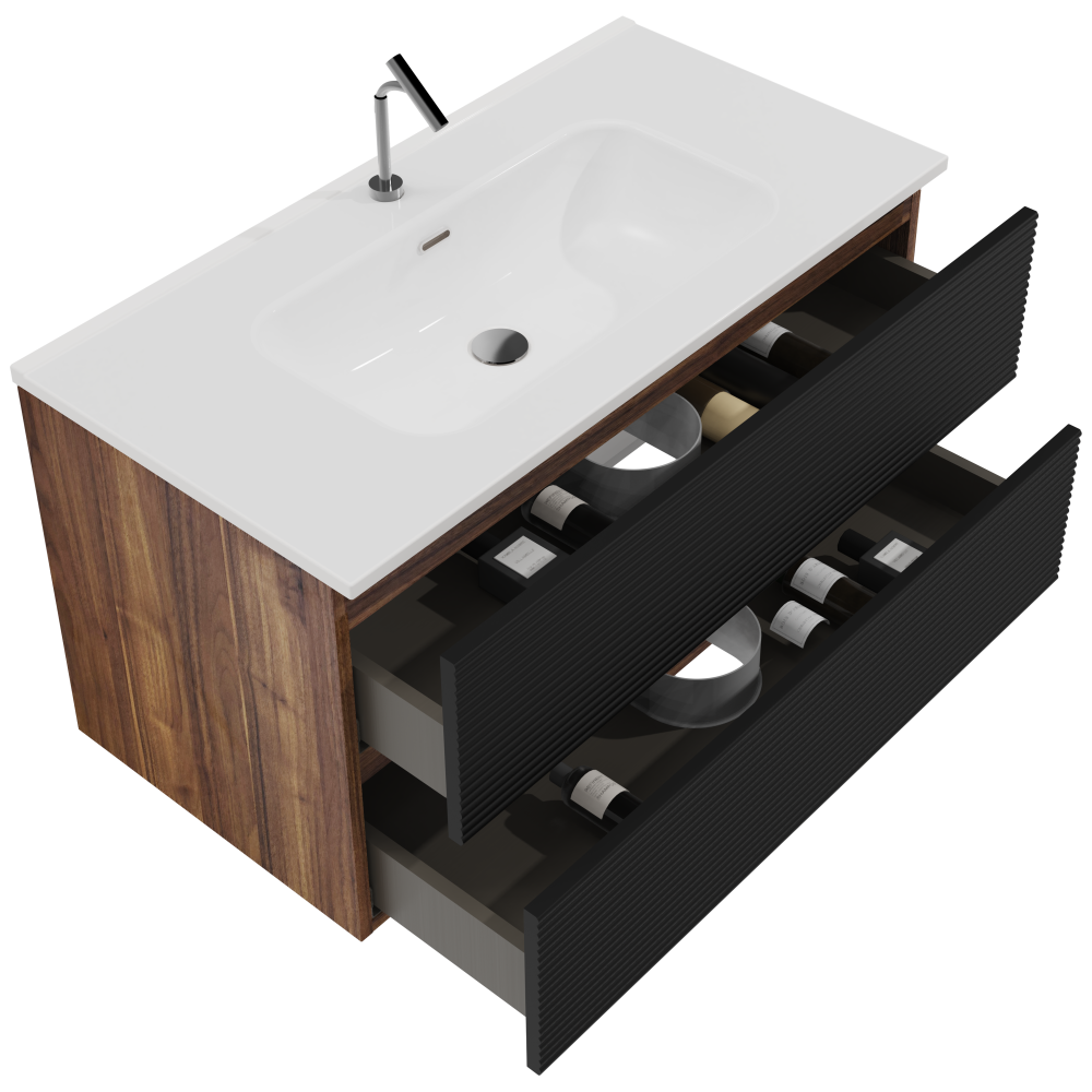 Gloria 36" Wall Mounted Soft Black & Walnut Bathroom Vanity with Integrated Ceramic Sink with Overflow, Large Storage Floating Bathroom Vanity for Modern Bathroom, Pre-assembled