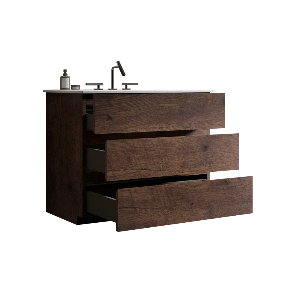 TIA 36" Walnut Bathroom Vanity with Sink with 3 Faucet Holes, Large Storage Freestanding Bathroom Vanity for Modern Bathroom, One-Piece White Sink Basin without Drain and Faucet, Pre-assembled