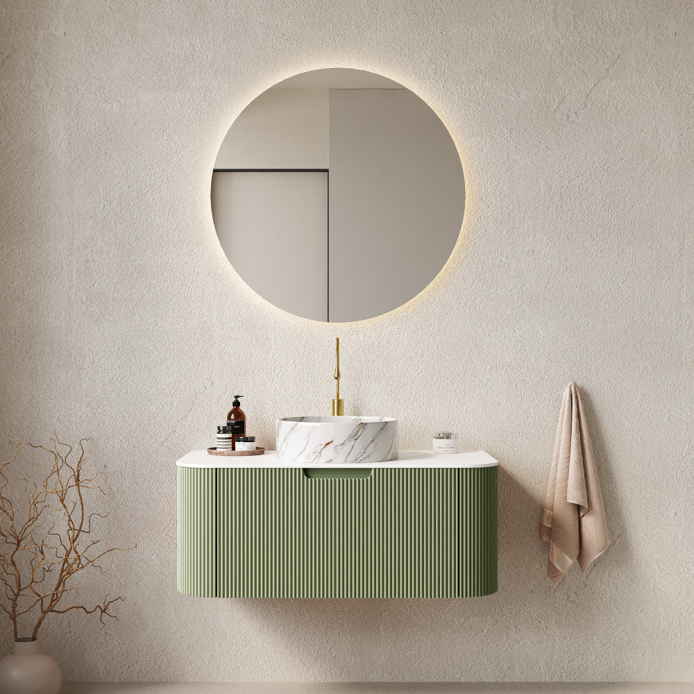DINA 36" Bathroom Vanity with Sink, Wall-Mounted Floating Curved Edges Striped Bathroom Storage Cabinet with a Drawer, White Round Ceramic Basin without Faucet, Pre-assembled, Natural Woodgrain Color