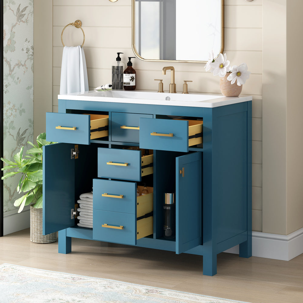 36'' Bathroon Vanity with Resin Sink Combo Set,Modern Freestanding Single Bathroom Cabinet with 4 Drawers & 2 Cabinets,Storage Cabinet for Bathroom, Solid Wood Frame Vanity Set (Same as SW000130AAC)