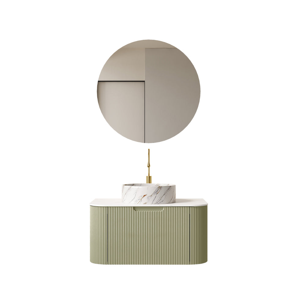 DINA 30" Bathroom Vanity with Sink, Wall-Mounted Floating Curved Edges Striped Bathroom Storage Cabinet with Drawer, White Round Ceramic Basin with Stone Pattern, Pre-assembled, Light Green Color