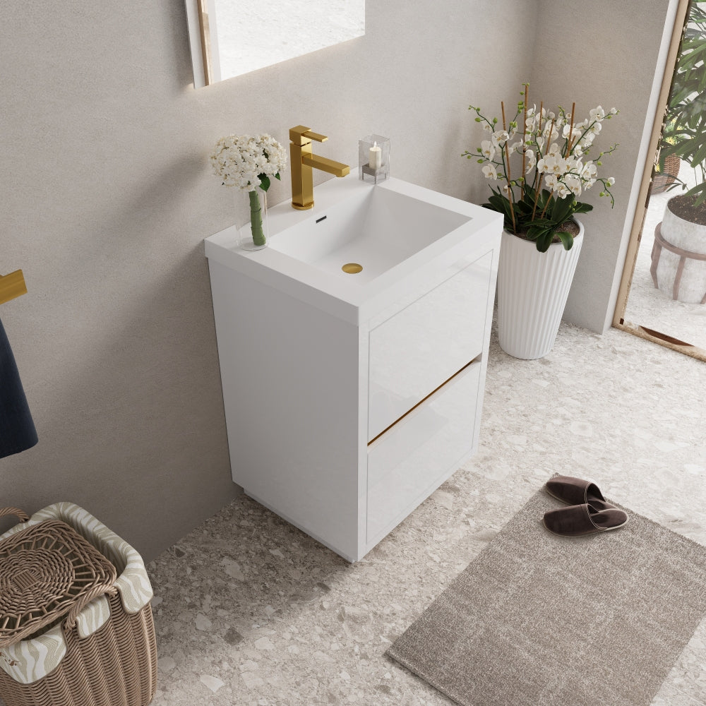 24" Freestanding Bathroom Vanity with Sink, Bathroom Storage Vanity Cabinet with Stone Resin Countertop and Soft Close Drawers, Glossy White 24V14-24GW
