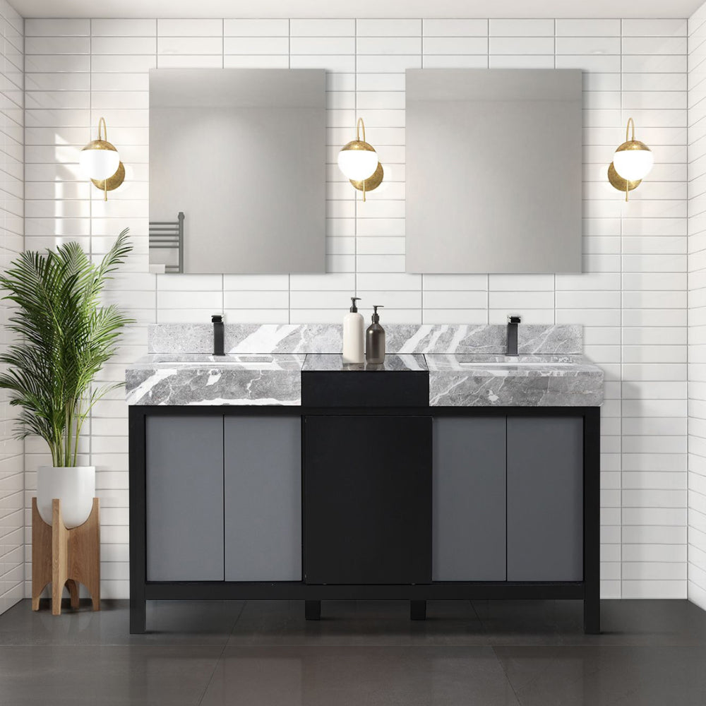 Black and Grey Double Bath Vanity 84 in. W x 22 in. D, Castle Grey Marble Top and Gun Metal Faucet Set