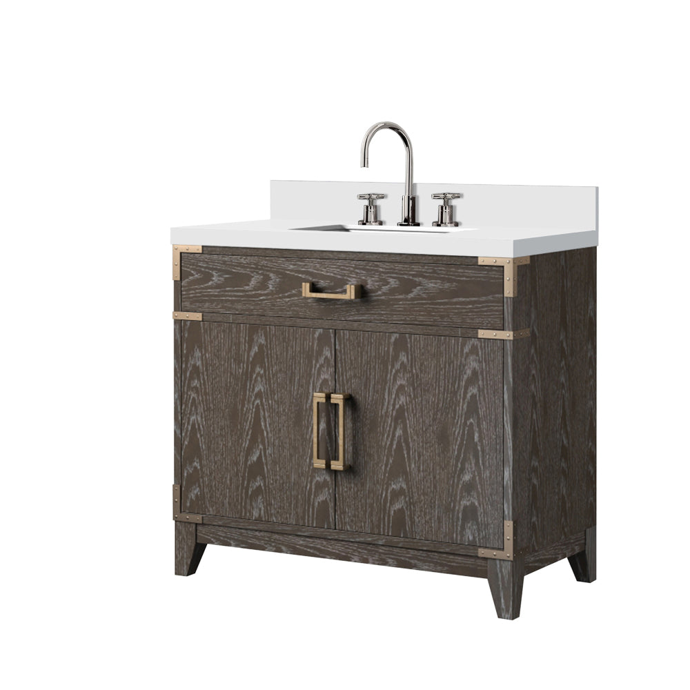 Brown Oak Single Bath Vanity 36 in. W x 22 in. D, White Quartz Top, and Faucet Set