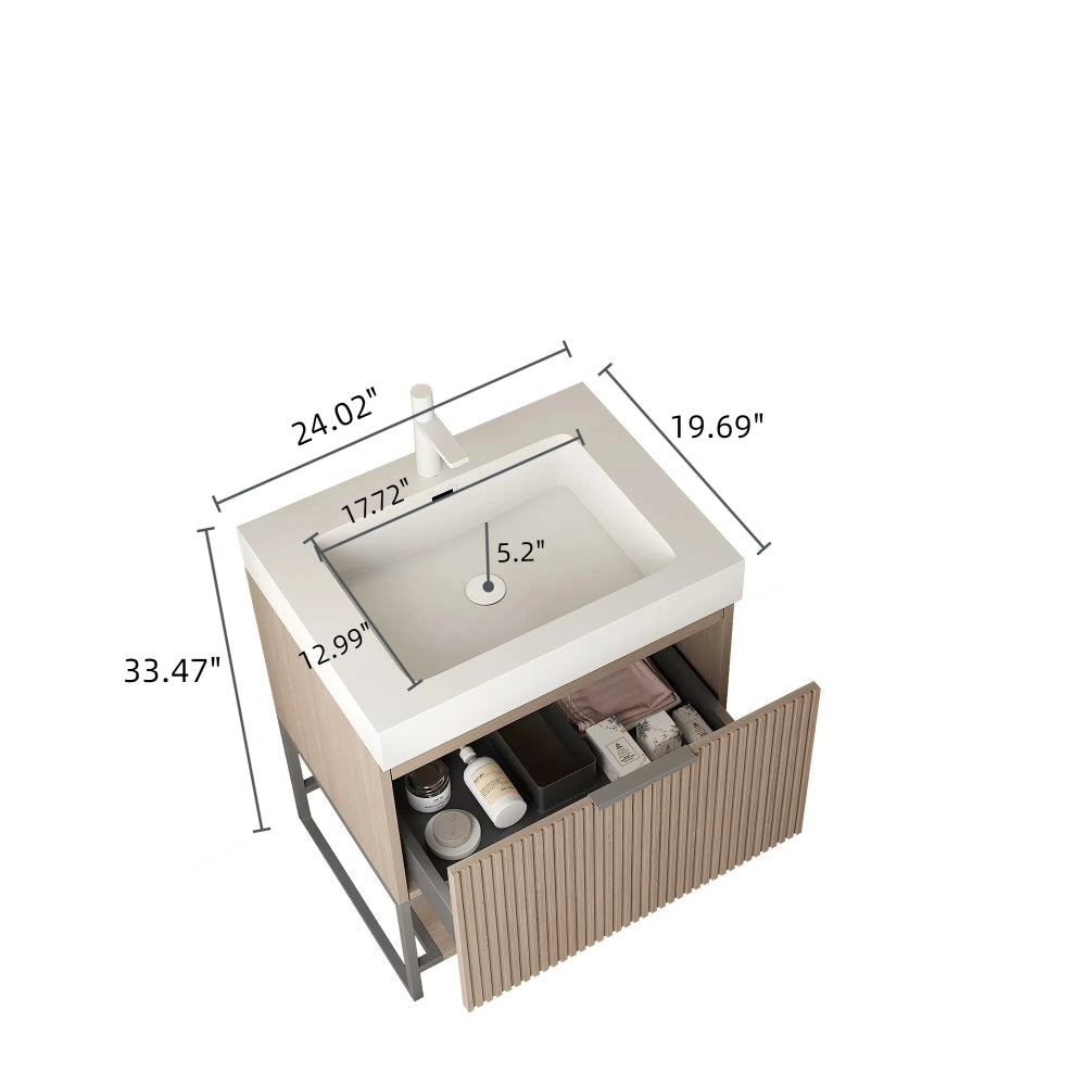 YOLAN 24" Bathroom Vanity with Sink, Freestanding Plywood Striped Storage Cabinet with Drawer and Open Shelf, White Rectangular Integrated Basin without Faucet, Pre-assembled, Light Brown Oak Color