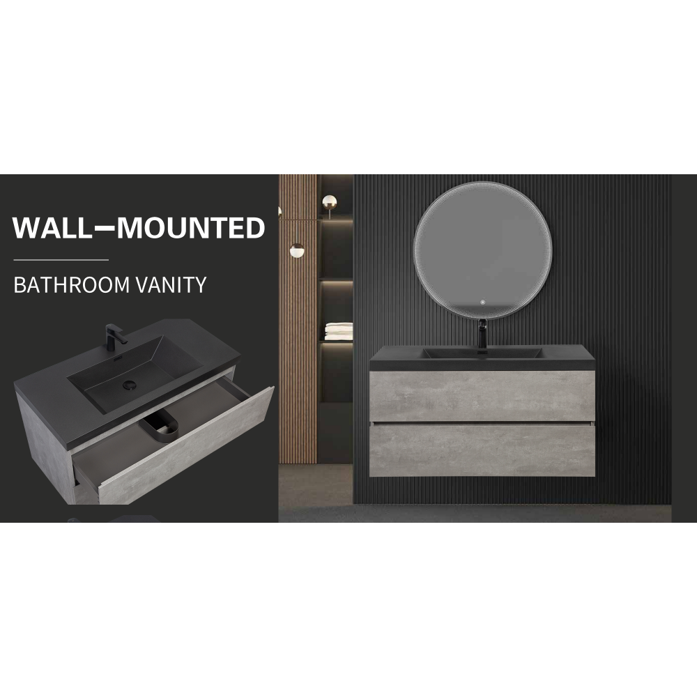 42" Floating Bathroom Vanity with Sink, Modern Wall-Mounted Bathroom Storage Vanity Cabinet with Black Quartz Sand Top Basin and Soft Close Drawers, Grey 24V12-42GR