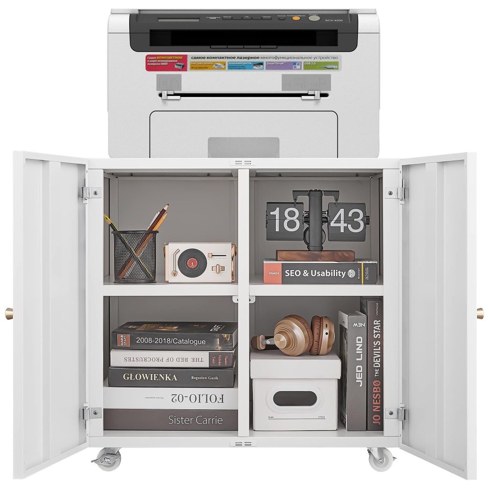 Metal Printer Stand with Storage Mobile Printer Tables for Small Spaces with Door Adjustable Shelf File Cabinet on Wheels for Home Office (White)