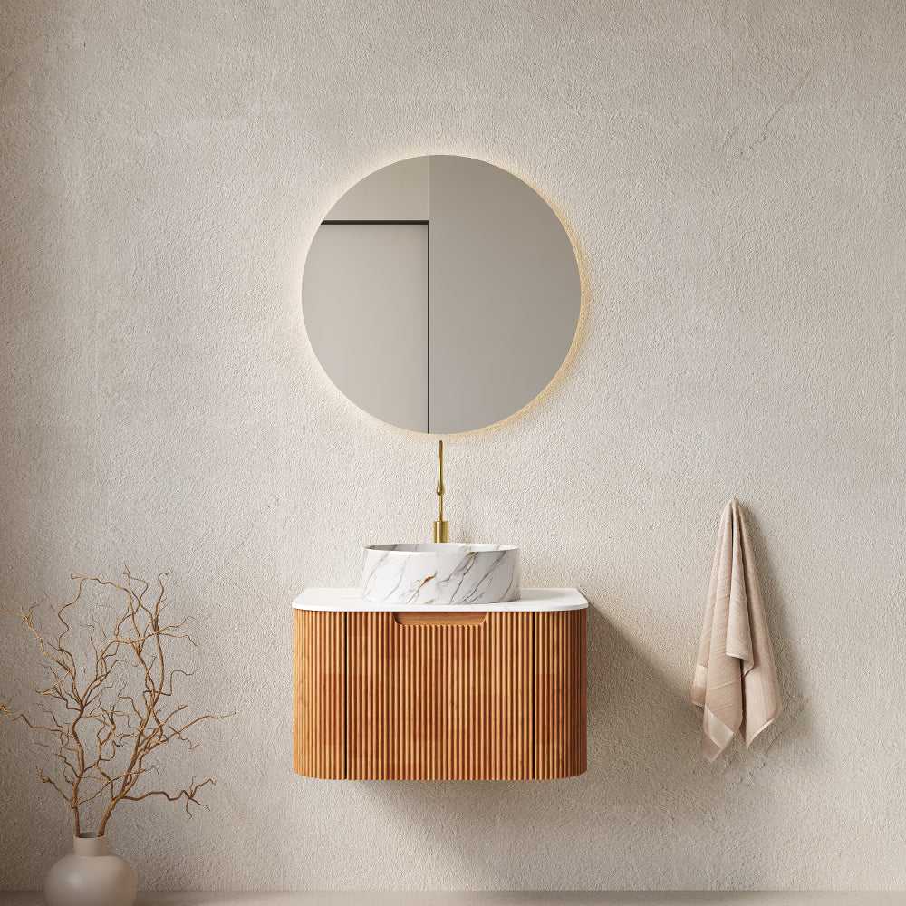 DINA 24" Bathroom Vanity with Sink, Wall-Mounted Floating Curved Edges Striped Bathroom Storage Cabinet with Drawer, White Round Ceramic Basin with Stone Pattern, Pre-assembled, Light Green Color