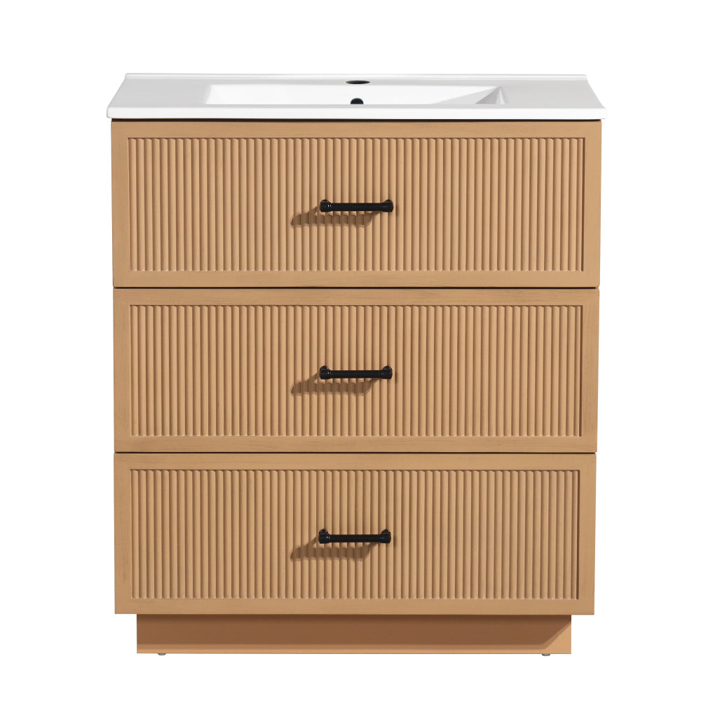 24 Inch Bathroom Vanity with Ceramic Sink Set, Modern Freestanding Bathroom Storage Cabinet with 2 Drawers, Floor Standing Bath Vanity Combo, Gray