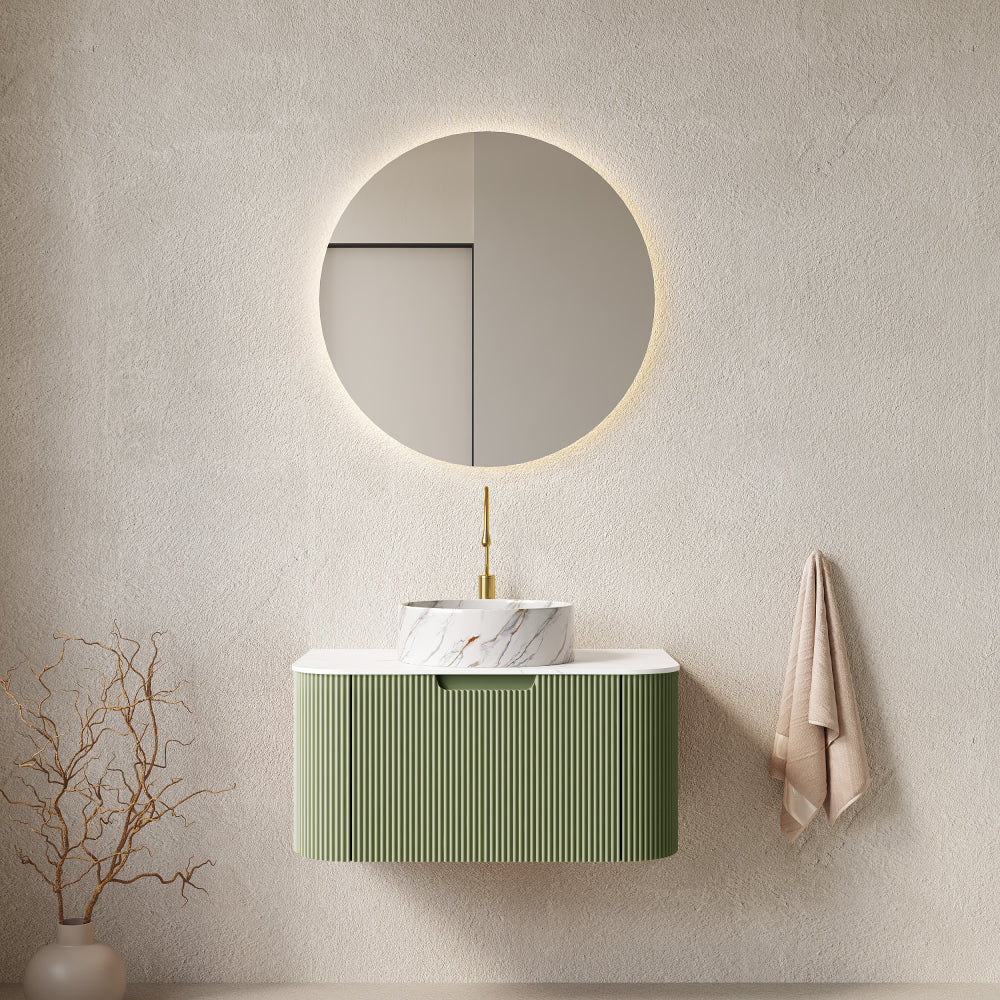 DINA 36" Bathroom Vanity with Sink, Wall-Mounted Floating Curved Edges Striped Bathroom Storage Cabinet with a Drawer, White Round Ceramic Basin without Faucet, Pre-assembled, Natural Woodgrain Color