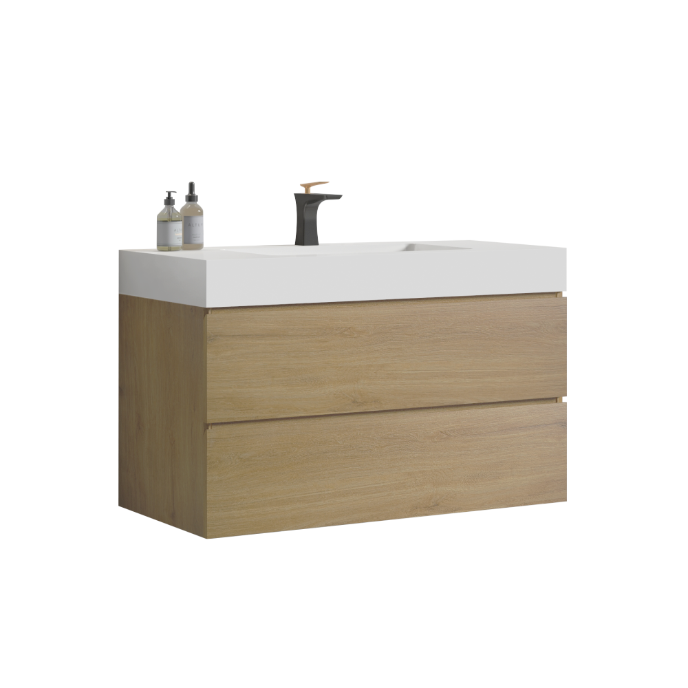 U042-Alice36-106 Alice 36" Oak Bathroom Vanity with Black Sink, Large Storage Wall Mounted Floating Bathroom Vanity for Modern Bathroom, One-Piece Black Sink Basin without Drain, Pre-assembled