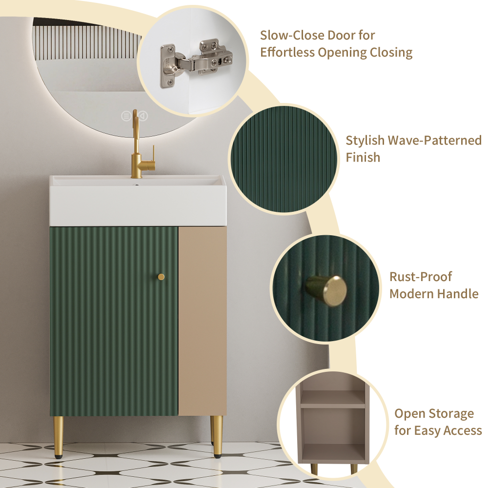 21.6" Open-shelving Bathroom Vanity with Ceramic Sink and Soft-Closing Door, Cloakroom Open Shelf Storage Cabinet on the Right Side, Assembly Required, Green 24VB06-21LVR
