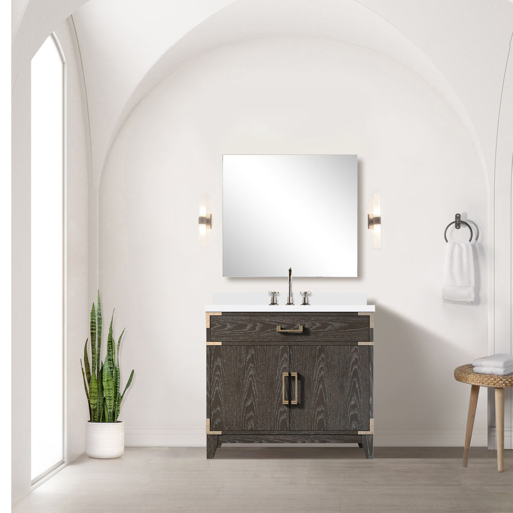 Brown Oak Single Bath Vanity 36 in. W x 22 in. D, White Quartz Top, and Faucet Set
