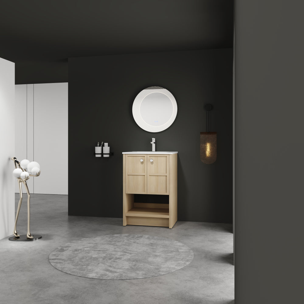 24" Freestanding Bathroom Vanity whit Ceramic Sink, 2-Soft Closing Door, Oak, Plywood
