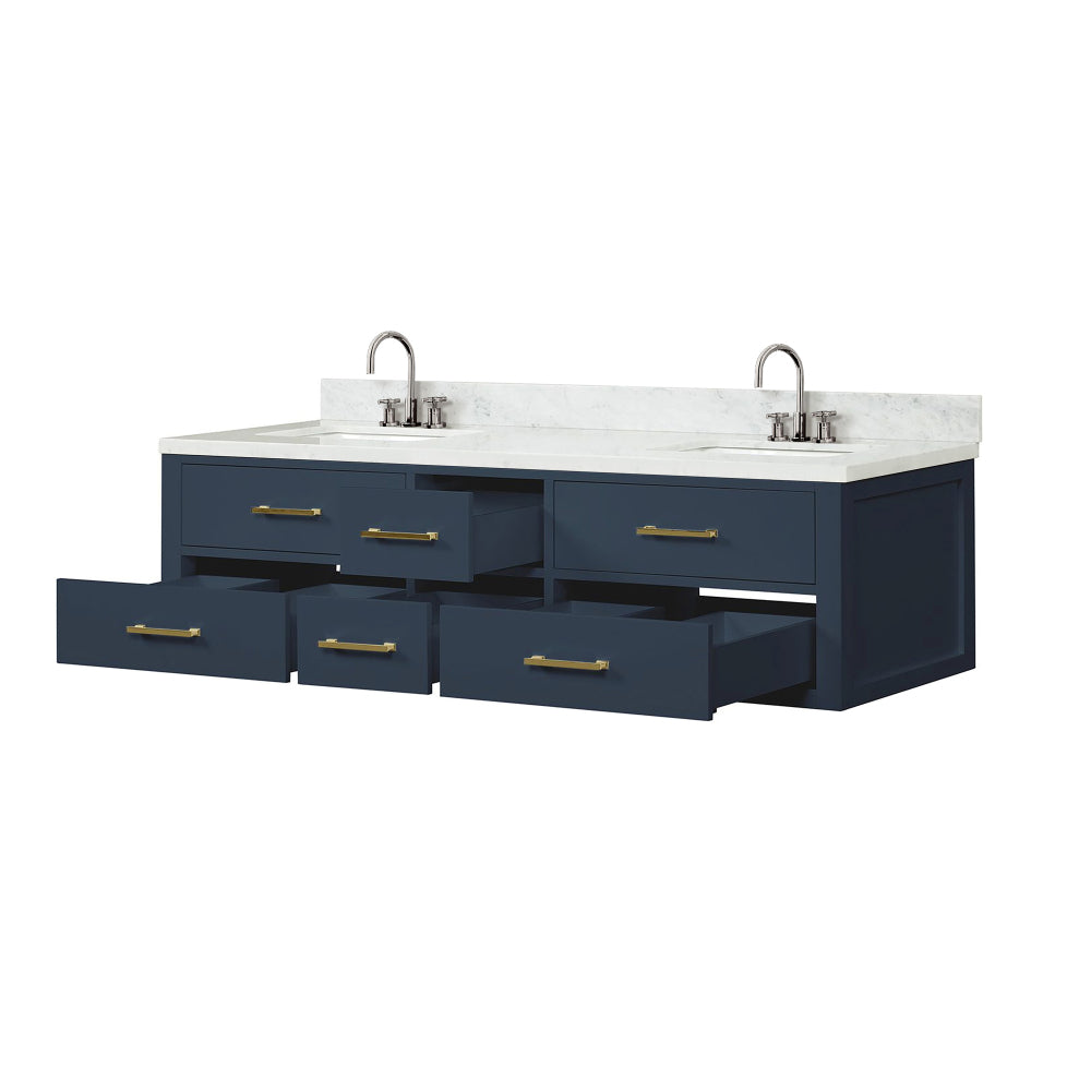 Blue Double Bath Vanity 72 in. W x 22 in. D, Carrara Marble Top, and Faucet Set