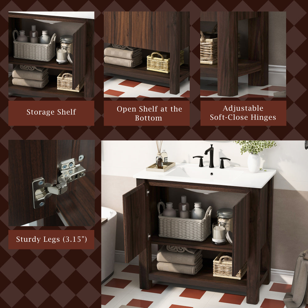 36" Modern Bathroom Vanity with Rectangle Ceramic Sink, Bathroom Cabinet with Large storage space and 45 Degrees Free-Handle Design Soft-Closing Doors, 1 Open Shelf at the Bottom, Dark Brown