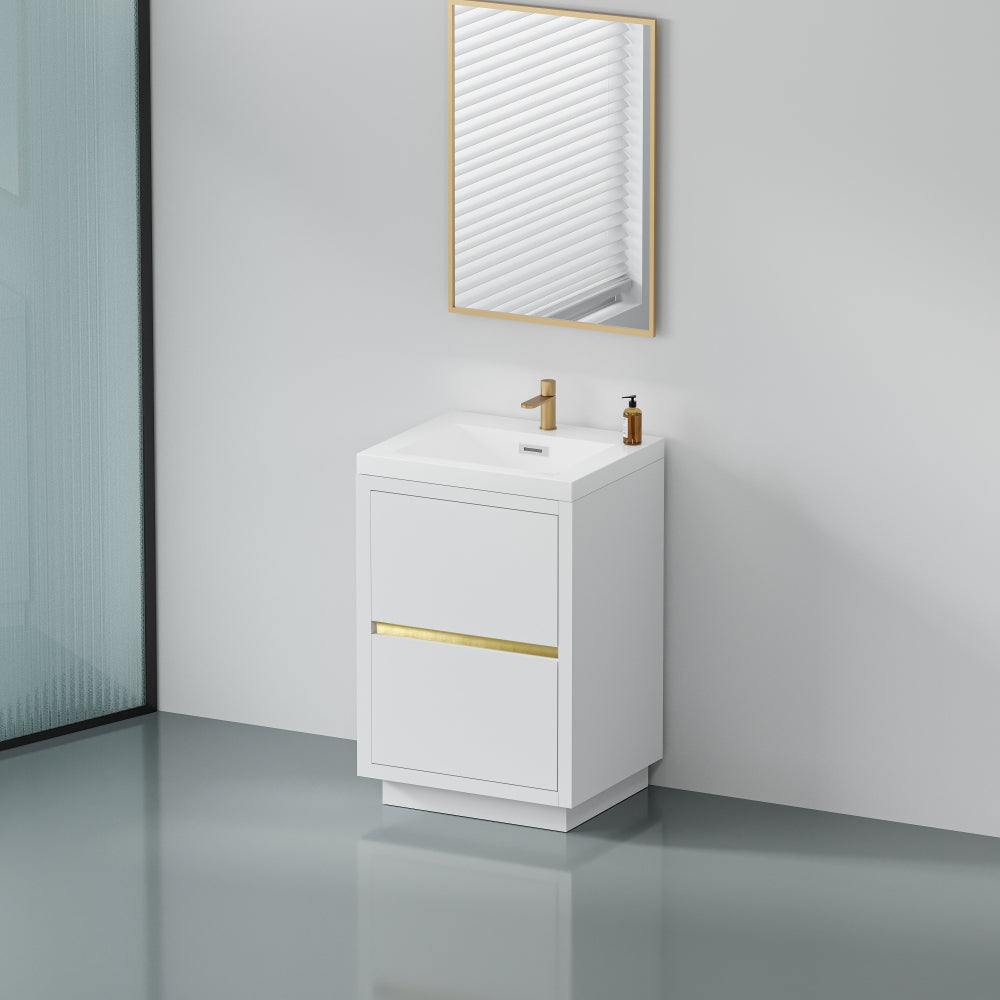 24" Freestanding Bathroom Vanity with Sink, Bathroom Storage Vanity Cabinet with Stone Resin Countertop and Soft Close Drawers, Glossy White 24V14-24GW