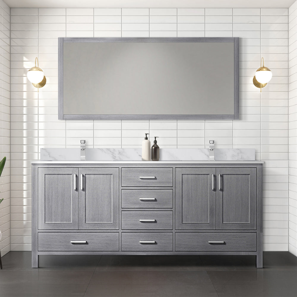 Dark Grey Double Bath Vanity 72 in. W x 22 in. D, Carrara Marble Top, Faucet Set, and 28 in. Mirror