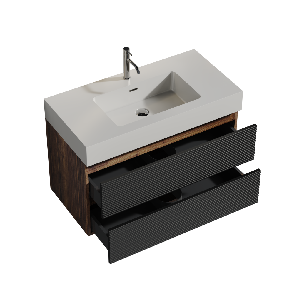 Grace 36" Walnut Bathroom Vanity with Glossy White Solid Surface Sink and Soft Black Drawers, Wall Mounted Floating Bathroom Vanity for Modern Bathroom, One-Piece Glossy White Basin, KD