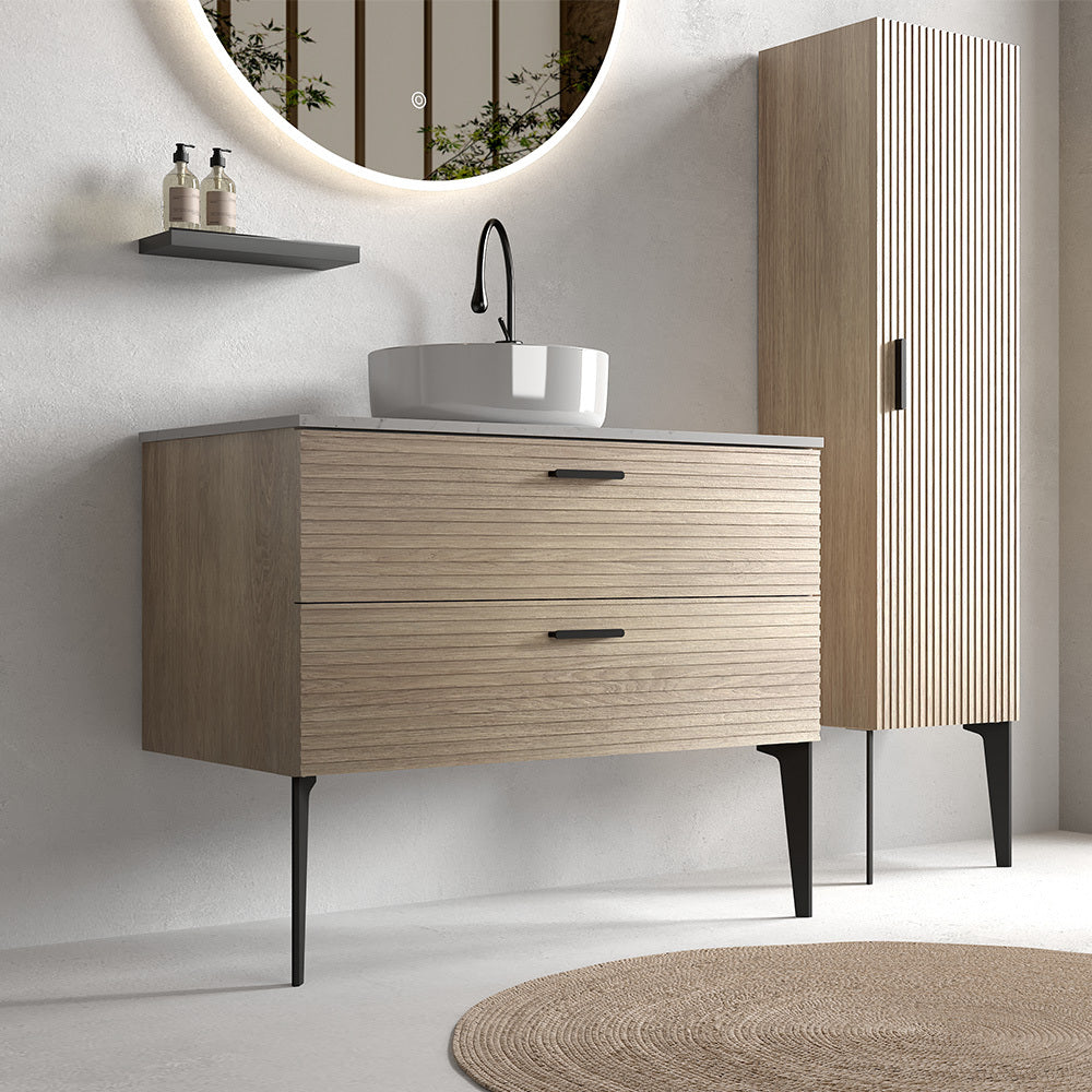 Emilia 36" Striped Natural Oak Bathroom Vanity with Ceramic Sink, Freestanding Bathroom Vanity for Modern Bathroom, KD