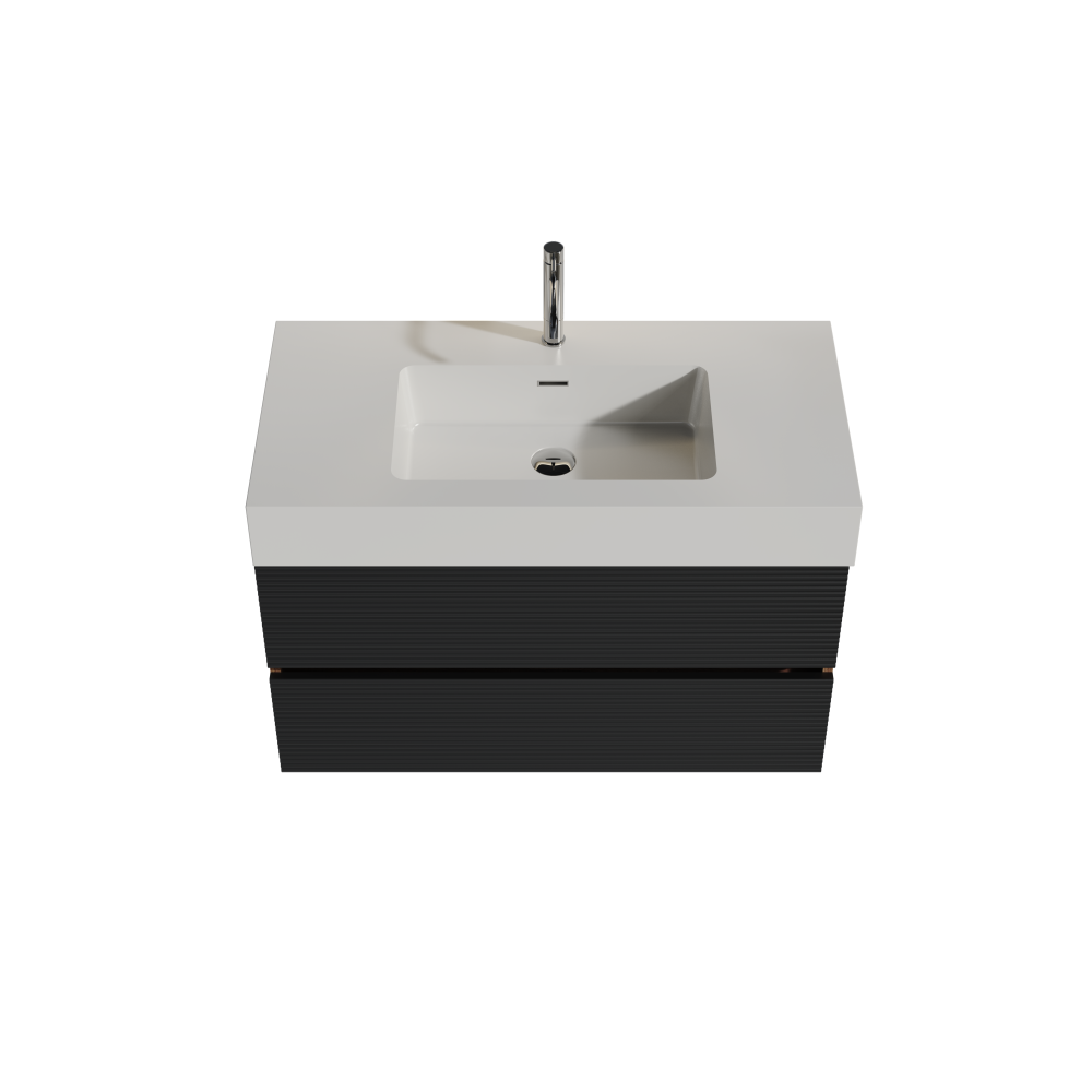 Grace 36" Walnut Bathroom Vanity with Glossy White Solid Surface Sink and Soft Black Drawers, Wall Mounted Floating Bathroom Vanity for Modern Bathroom, One-Piece Glossy White Basin, KD