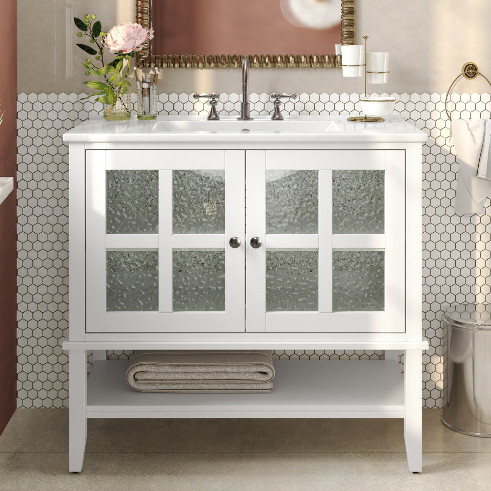 36" Modern Bathroom Vanity with Rectangle Ceramic Sink, Bathroom Cabinet with Large storage space and 45 Degrees Free-Handle Design Soft-Closing Doors, 1 Open Shelf at the Bottom, Dark Brown