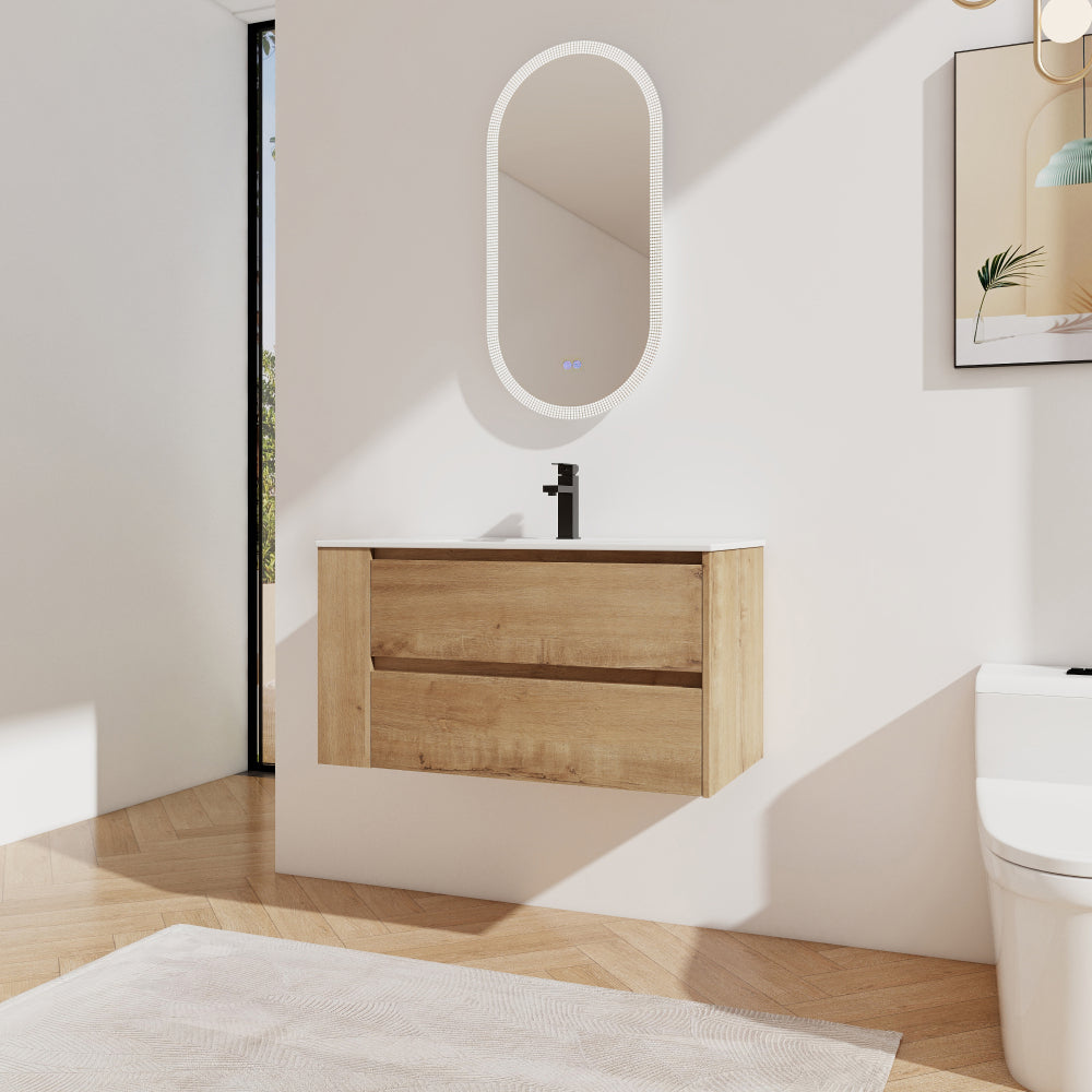 36" Wall Mounting Bathroom Vanity With Ceramic Sink, Soft Close Drawer