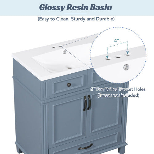 30'' Bathroom Vanity with Resin Sink,Solid Wood Frame Bathroom Storage Cabinet with Soft Closing Doors,Retro Style, Blue