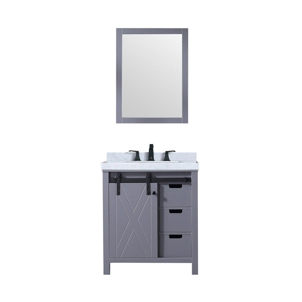 Dark Grey Bath Vanity 30 in. W x 22 in. D, Carrara Marble Countertop, Faucet Set and 28 in. Mirror
