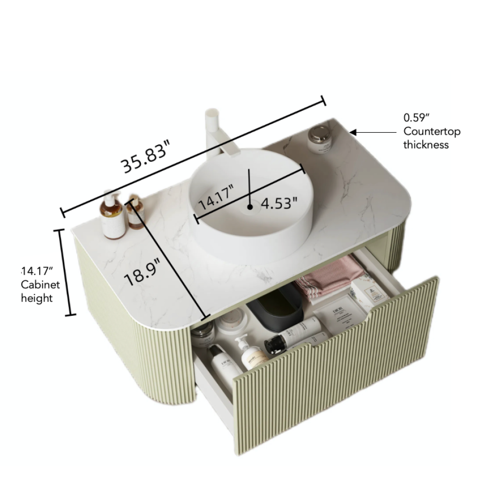 DINA 36" Bathroom Vanity with Sink, Modern Wall-Mounted Floating Curved Edges Striped Bathroom Storage Cabinet with a Drawer, White Round Ceramic Basin without Faucet, Pre-assembled, Light Green Color
