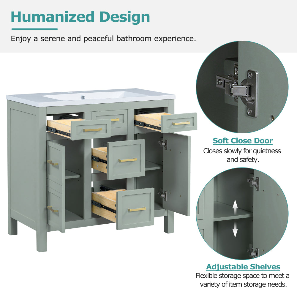 36" Bathroom Vanity Cabinet with Resin Integrated Sink - 4 Drawers, 2 Doors