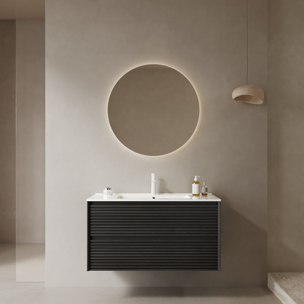 BRON 36" Bathroom Vanity with Sink, Modern Wall-Mounted Floating Plywood Bathroom Cabinet , 2 Drawers, White Ceramic Basin with Sink Hole Cover and Drain, Pre-assembled, Natural Walnut Woodgrain Color