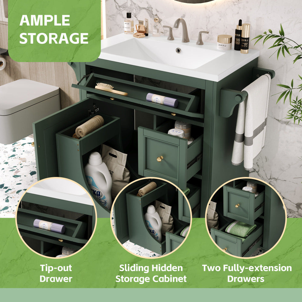 30'' Bathroom Vanity with Top Sink, Modern Bathroom Storage Cabinet with 2 Drawers and a Tip-out Drawer, Single Sink Bathroom Vanity (Same as SW000143AAF)