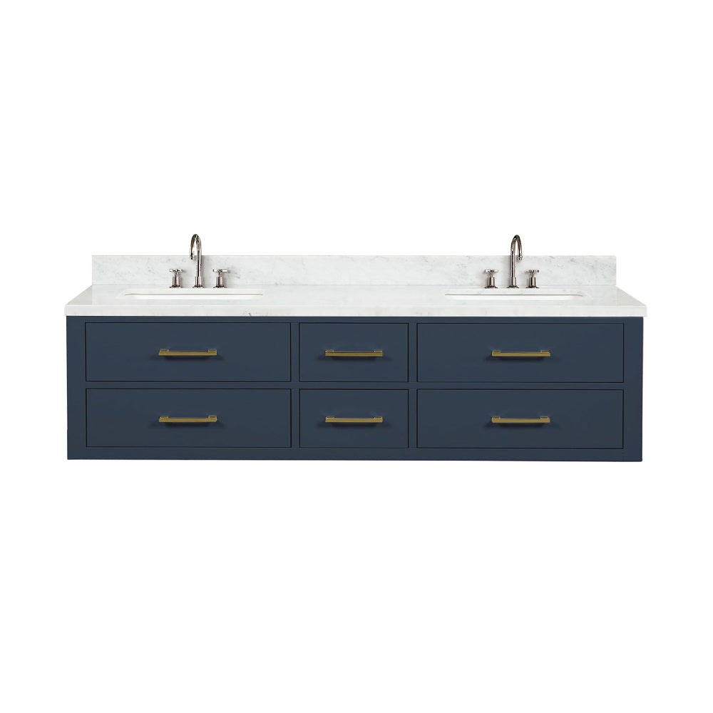 Blue Double Bath Vanity 72 in. W x 22 in. D, Carrara Marble Top, and Faucet Set