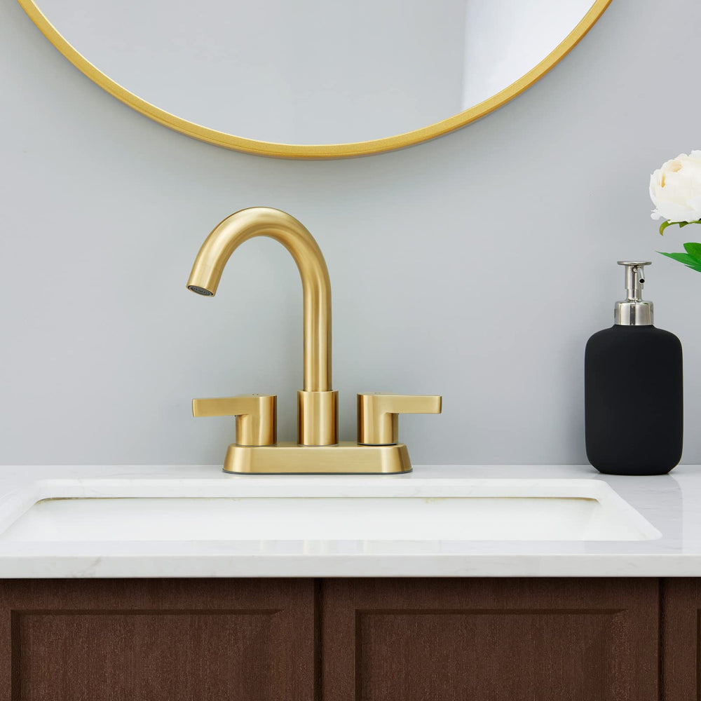 Brushed Gold Bathroom Faucet 4 Inch Centerset Bathroom Faucet, Gold Bathroom Vanity Lavatory Faucets for Sink 3 Hole 2 Handle, Swivel Spout with Brass Drain Assembly