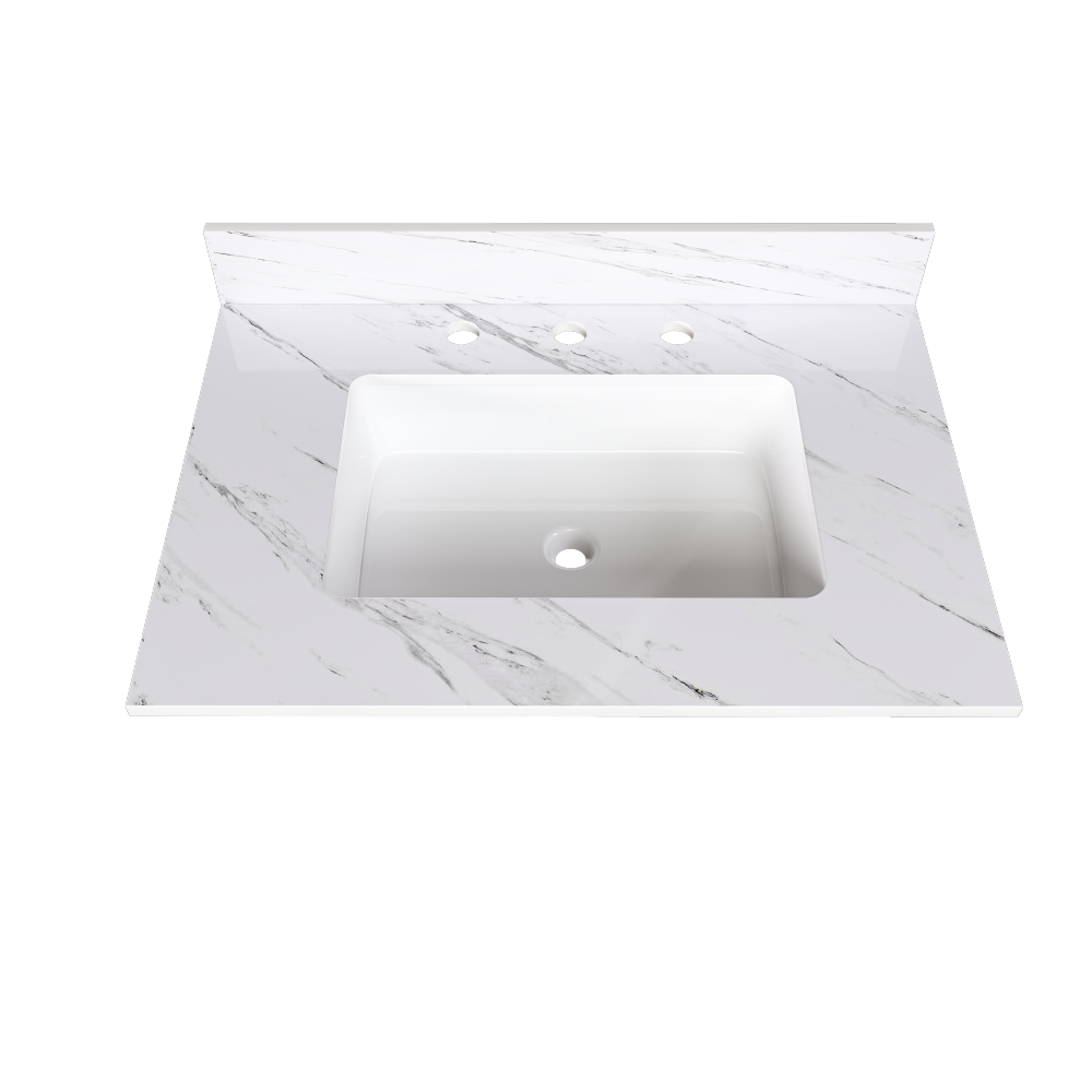 31 Inch Marble Vanity Top, White Vanity Top with Pre-drilled Faucet Holes, Bathroom Vanity Top with Undermount Rectangular Middle Sink and 4" Height Backsplash, Bianco Carrara Venato