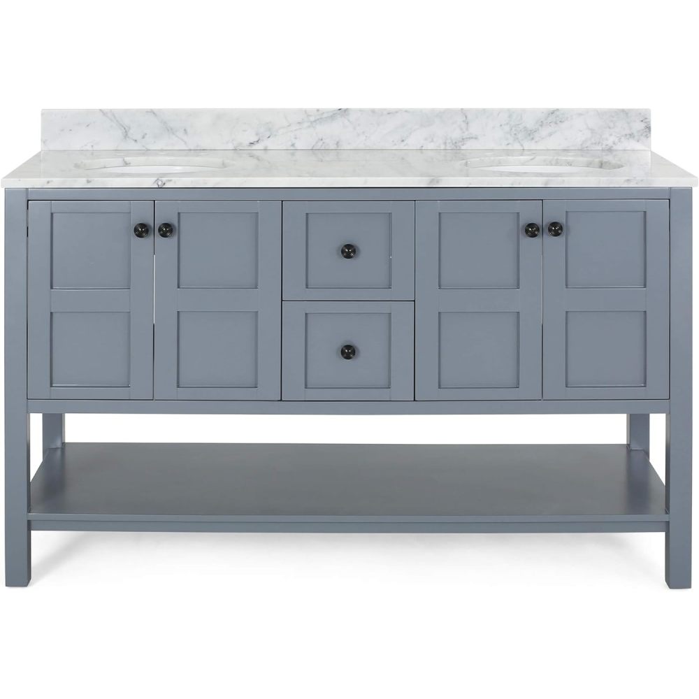 61'' Bathroom Vanity with Marble Top & Double Ceramic Sinks, 4 Doors, 2 Drawers, Open Shelf, Gray