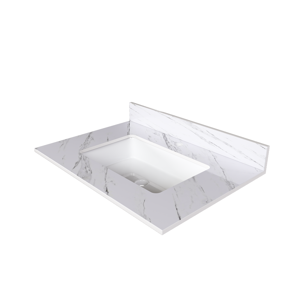 31 Inch Marble Vanity Top, White Vanity Top with Pre-drilled Faucet Holes, Bathroom Vanity Top with Undermount Rectangular Middle Sink and 4" Height Backsplash, Bianco Carrara Venato
