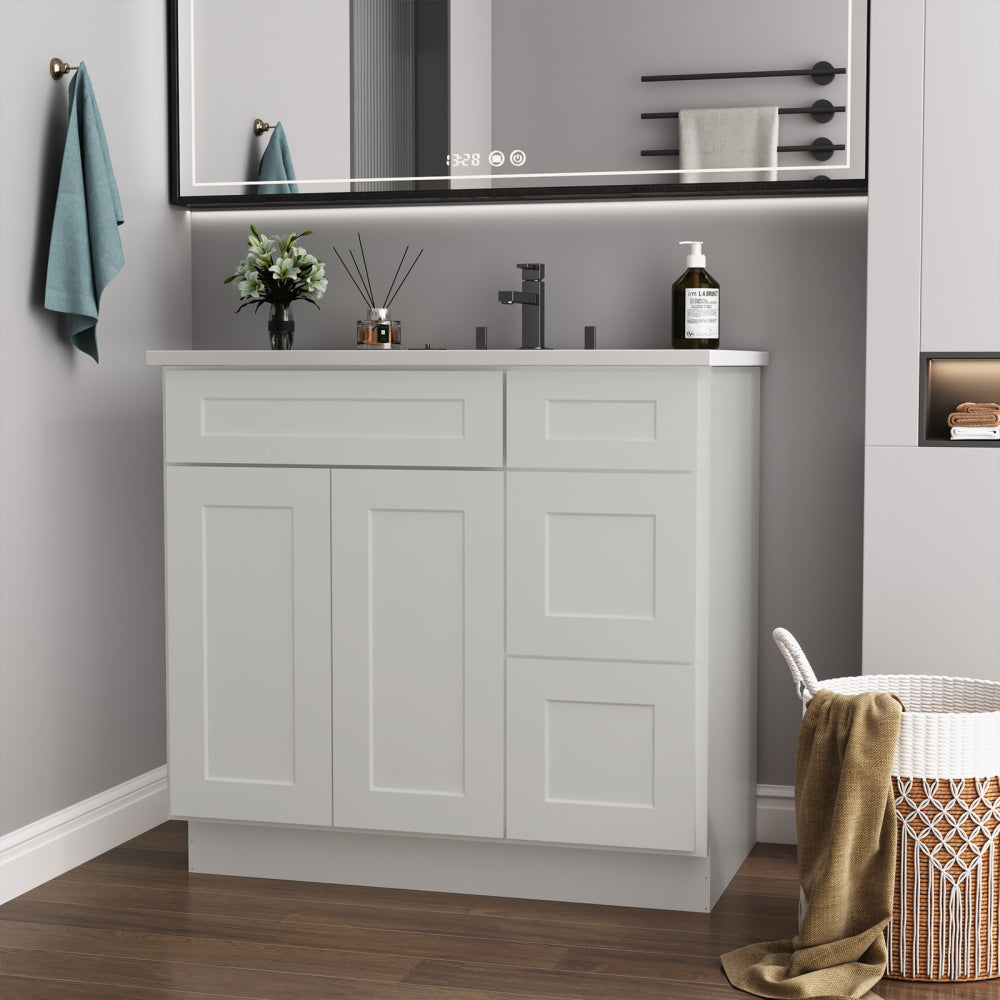 30 in. W x 21 in. D x 34.5 in. H in Shaker Grey Plywood Ready to Assemble Floor Vanity Sink Base with Right Door