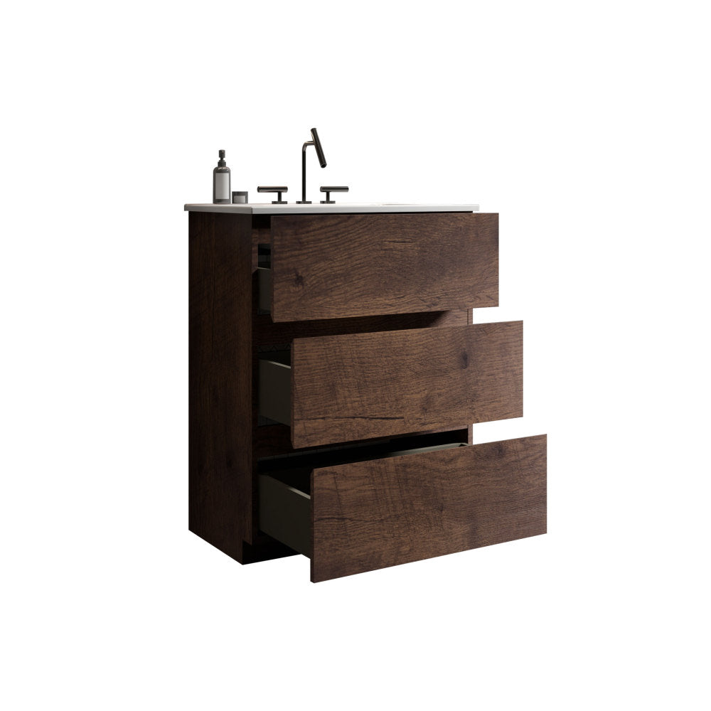 TIA 24" Walnut Bathroom Vanity with Sink with 3 Faucet Holes, Large Storage Freestanding Bathroom Vanity for Modern Bathroom, One-Piece White Sink Basin without Drain and Faucet, Pre-assembled