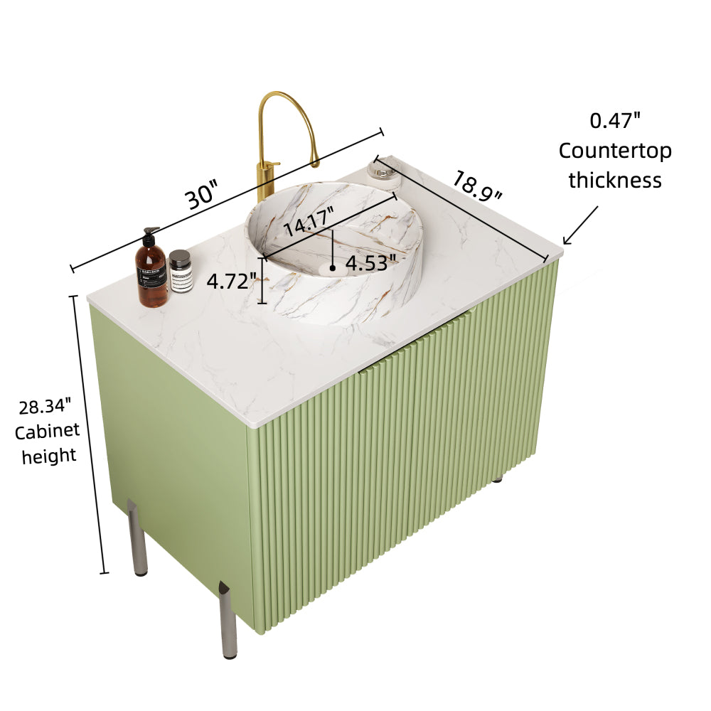 TURIO 30" Bathroom Vanity with Sink, Freestanding Bathroom Storage Cabinet with 2 Doors, White Round Ceramic Basin with Stone Pattern and Carrara White Counter Top, No Faucet, Light Green Color