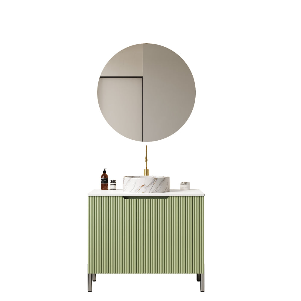 TURIO 30" Bathroom Vanity with Sink, Freestanding Bathroom Storage Cabinet with 2 Doors, White Round Ceramic Basin with Stone Pattern and Carrara White Counter Top, No Faucet, Light Green Color