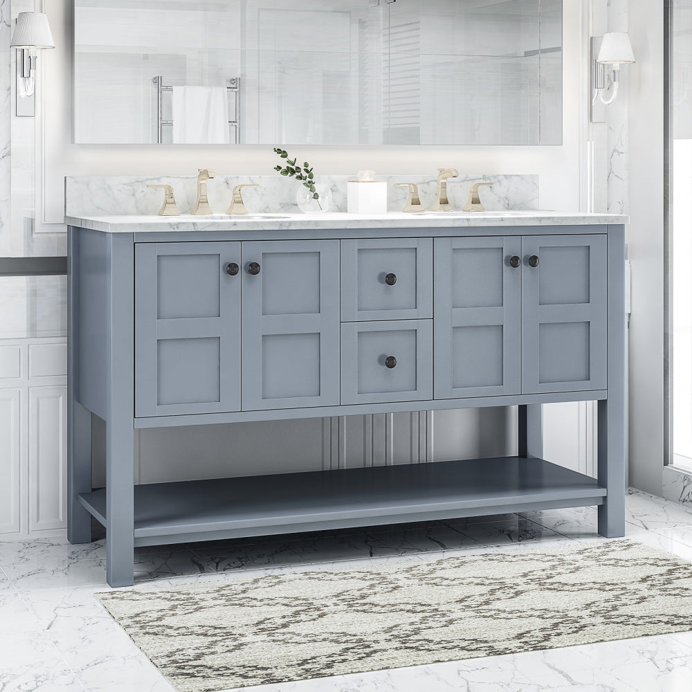 61'' Bathroom Vanity with Marble Top & Double Ceramic Sinks, 4 Doors, 2 Drawers, Open Shelf, Gray