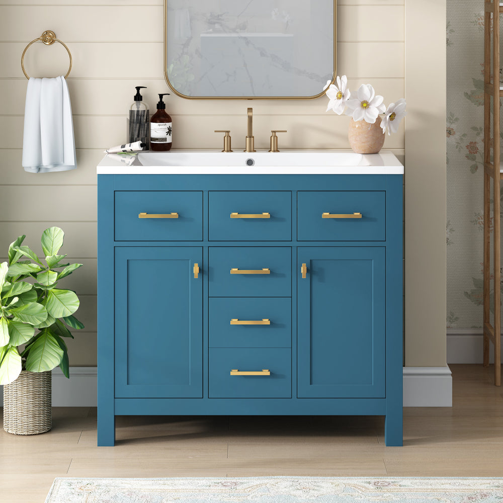 36'' Bathroon Vanity with Resin Sink Combo Set,Modern Freestanding Single Bathroom Cabinet with 4 Drawers & 2 Cabinets,Storage Cabinet for Bathroom, Solid Wood Frame Vanity Set (Same as SW000130AAC)