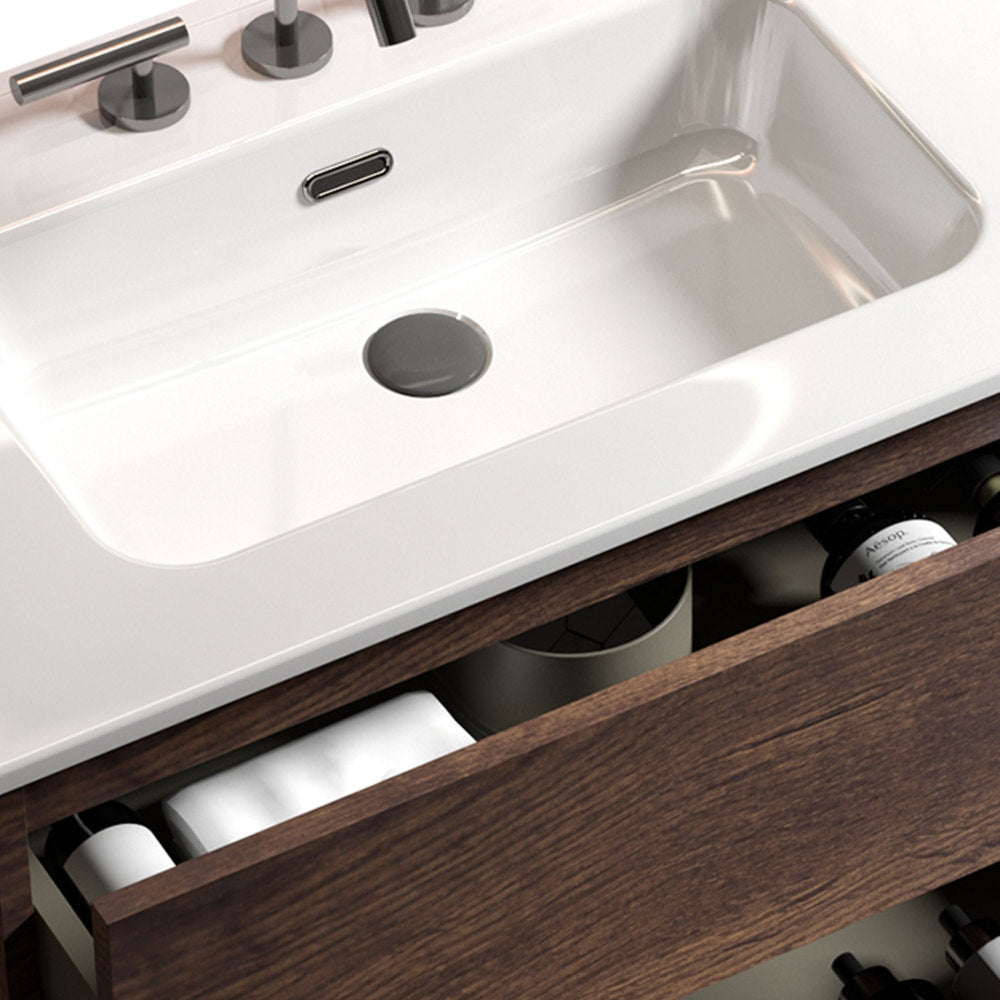 TIA 36" Walnut Bathroom Vanity with Sink with 3 Faucet Holes, Large Storage Freestanding Bathroom Vanity for Modern Bathroom, One-Piece White Sink Basin without Drain and Faucet, Pre-assembled