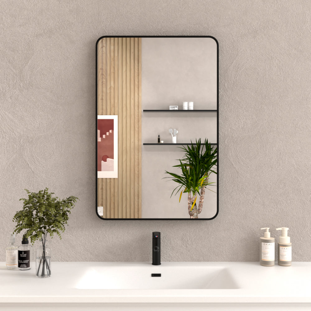 60x36 In. Aluminum Framed Rounded Rectangle Bathroom Wall Mirror, Matte Black Bathroom Vanity Mirror Farmhouse, Anti-Rust, Tempered Glass mirrors, Hangs Horizontally or Vertically