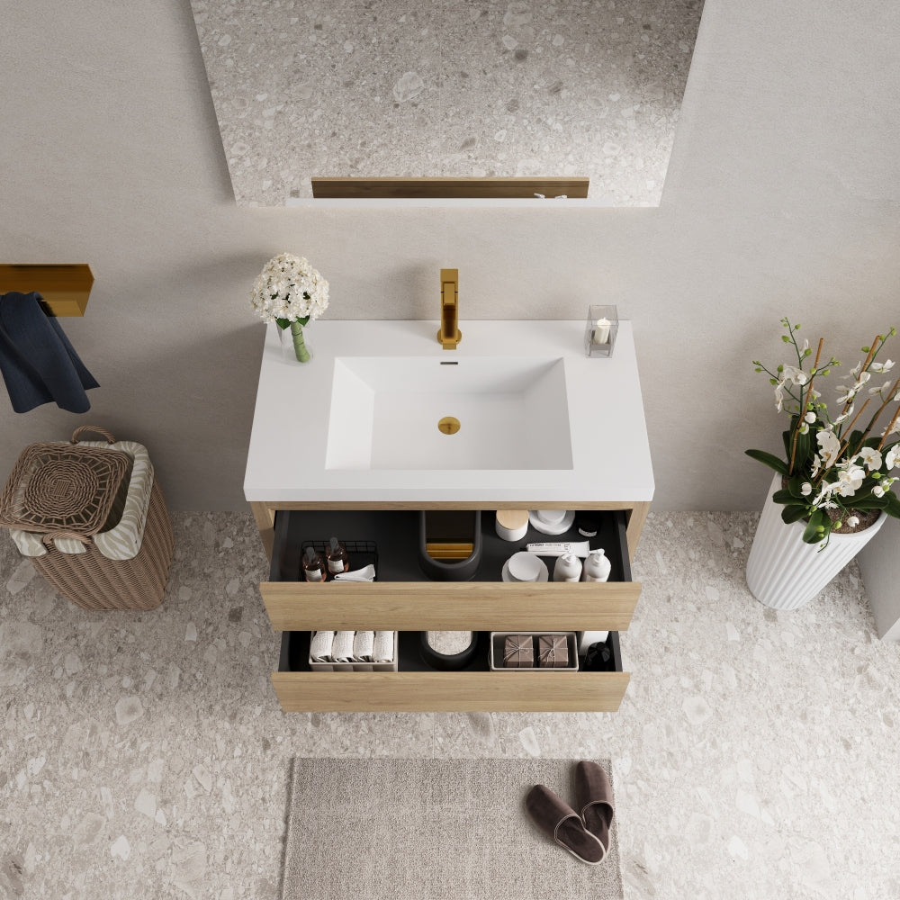 36" Wall-Mounted Bathroom Vanity with Sink, Floating Bathroom Storage Cabinet with Stone Resin Countertop and Soft Close Drawers, Natural Oak 24V15-36NO