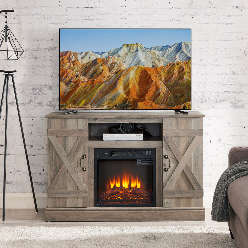 American retro Farmhouse Classic Media TV Stand Antique Entertainment Console with 18" Electric Fireplace Insert for TV up to 50" with Open and Closed Storage Space, Gray Wash 47"W*15.5"D*30.75"H
