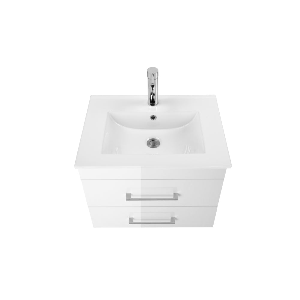 24-Inch White Gloss Wall-Mounted Bathroom Vanity with Double Drawers,Soft-Close System, Ceramic Sink, and Aluminium frame – Create a Modern and Minimalist Bathroom Space!Glossy White