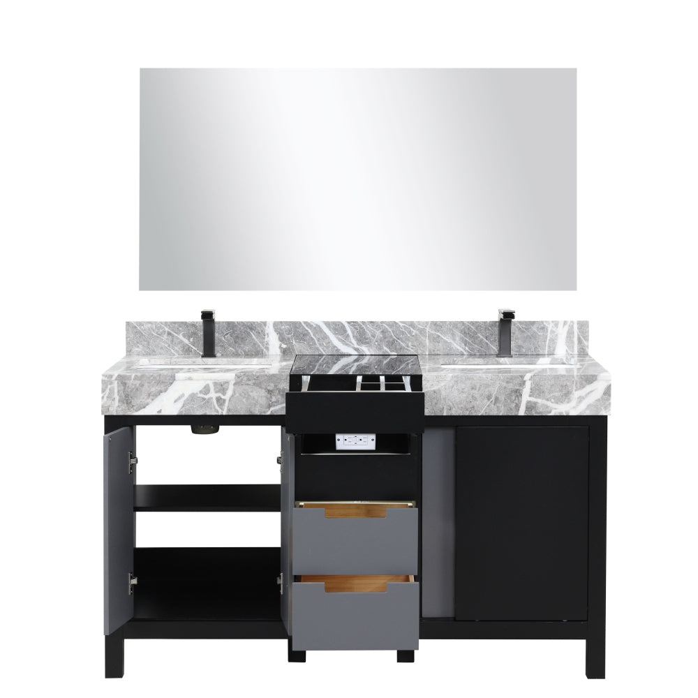 Black and Grey Double Bath Vanity 55 in. W x 22 in. D, Castle Grey Marble Top, Gun Metal Faucet Set and 53 in. Mirror